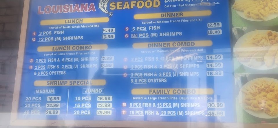 Restaurant menu with quick-bite fried seafood choices.