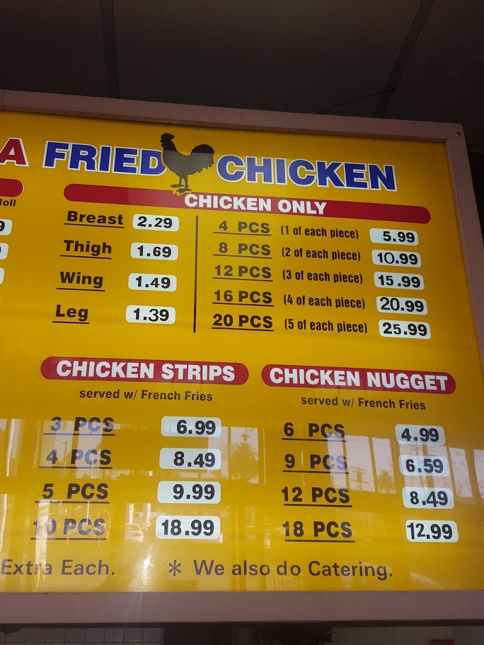 Printed menu with chicken, fish, and shrimp combos.